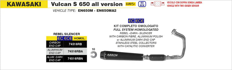 Arrow Kawasaki Vulcan S 650 E5+ '25 Rebel Nichrom Dark Exhaust - 74516rbat
