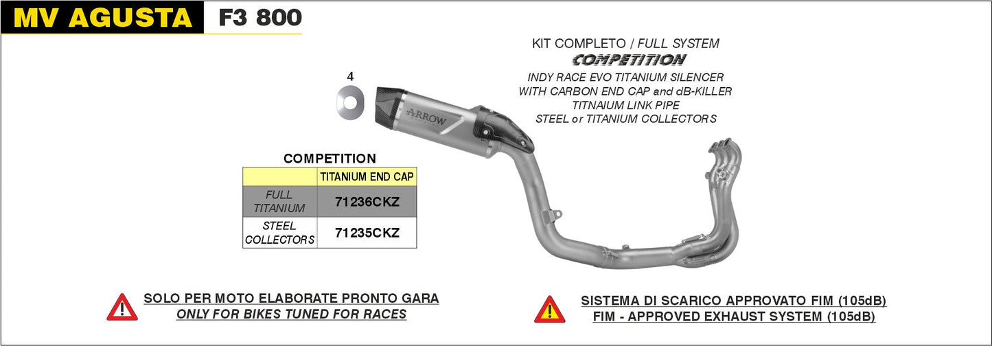71236CKZ Arrow COMPETITION "EVO" Full Titanium full system Exhaust for MV AGUSTA F3 800 22-24