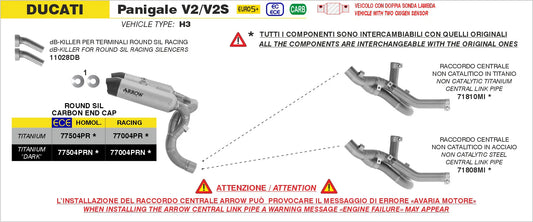Arrow Ducati Panigale V2/V2s E5+ 2025 Rh/Lh Round Sil Titanium Dark Silencers + Stainless Steel Link Pipe 77504prn