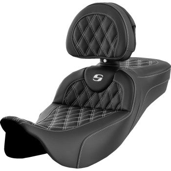 SADDLEMEN Roadsofa™ Extended Reach Seat - Lattice Stitch - White Stitch - with Backrest - FL '08-'23 A808-07R-184WHI