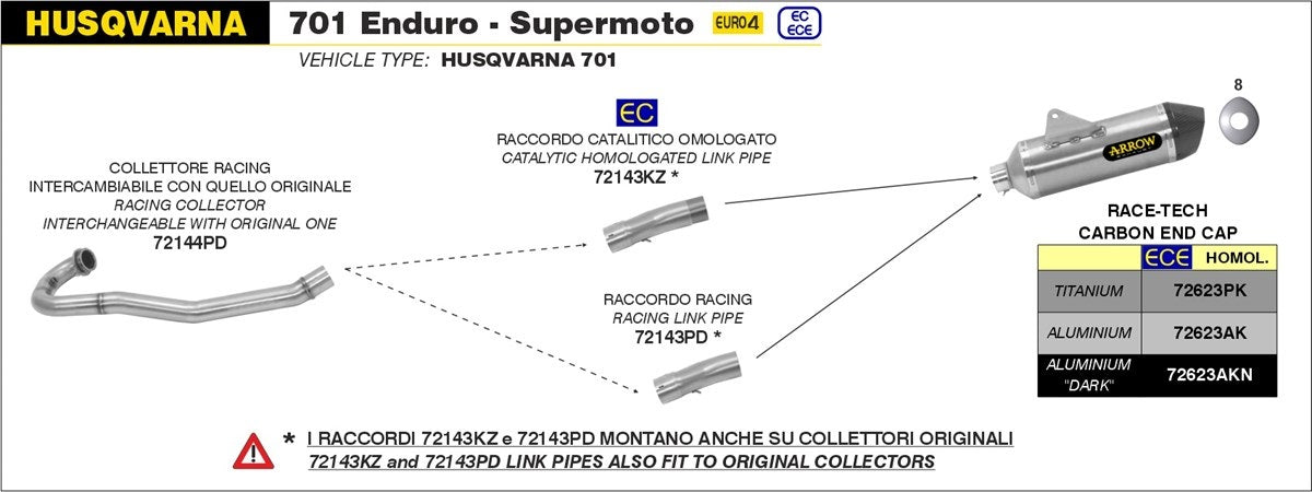 Arrow Husqvarna 701 Enduro Supermoto 17-20  Homologated Stainless Steel Link Pipe With Catalyst 72143kz