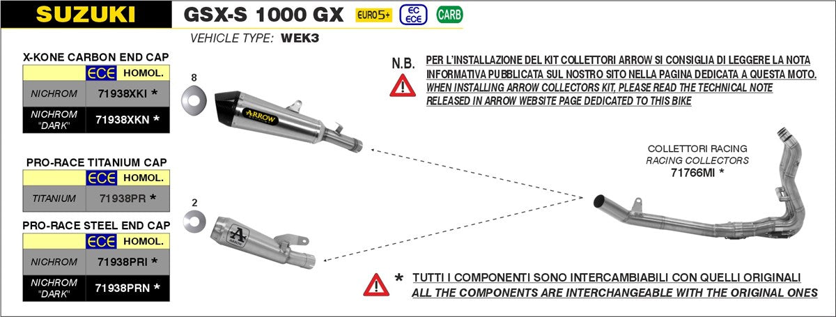 71938XK Arrow SX-Kone Slip-on Exhaust, Nichrome for Suzuki GSX-S1000 21 -24 /GX 2024
