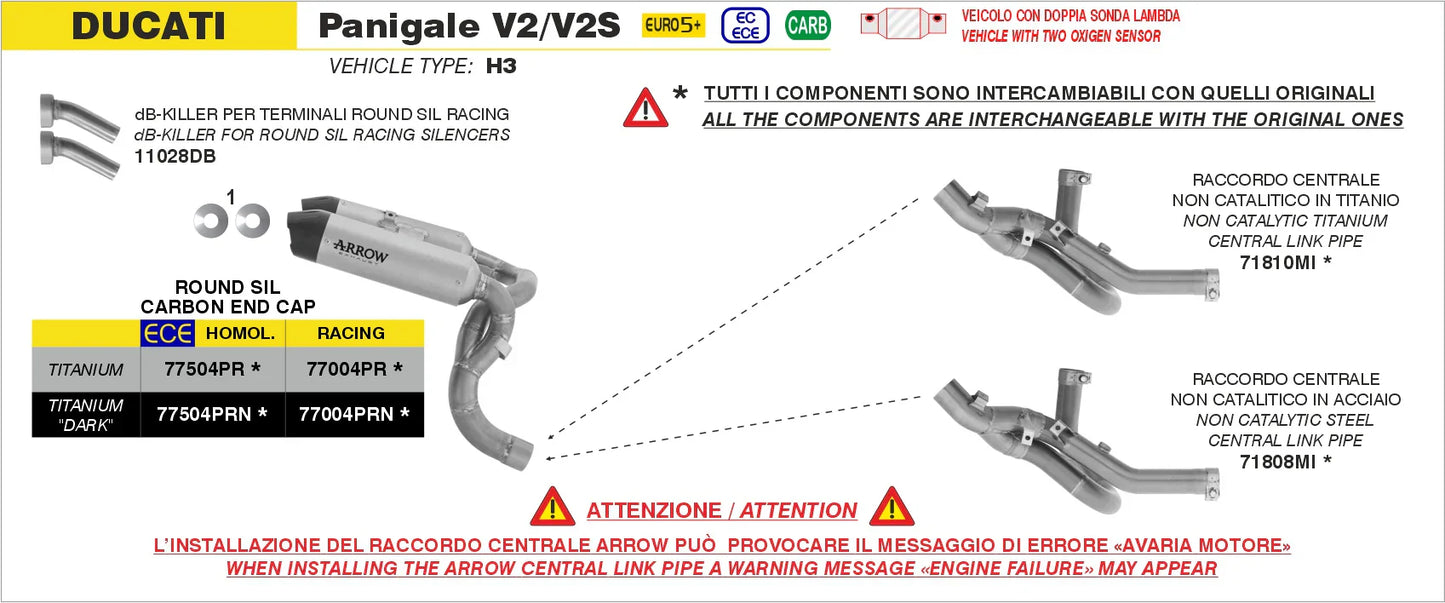 Arrow  Ducati Panigale V2/V2s E5+ 2025 Rh/Lh Round Sil Titanium Dark Silencers + Stainless Steel Link Pipe 77504prn